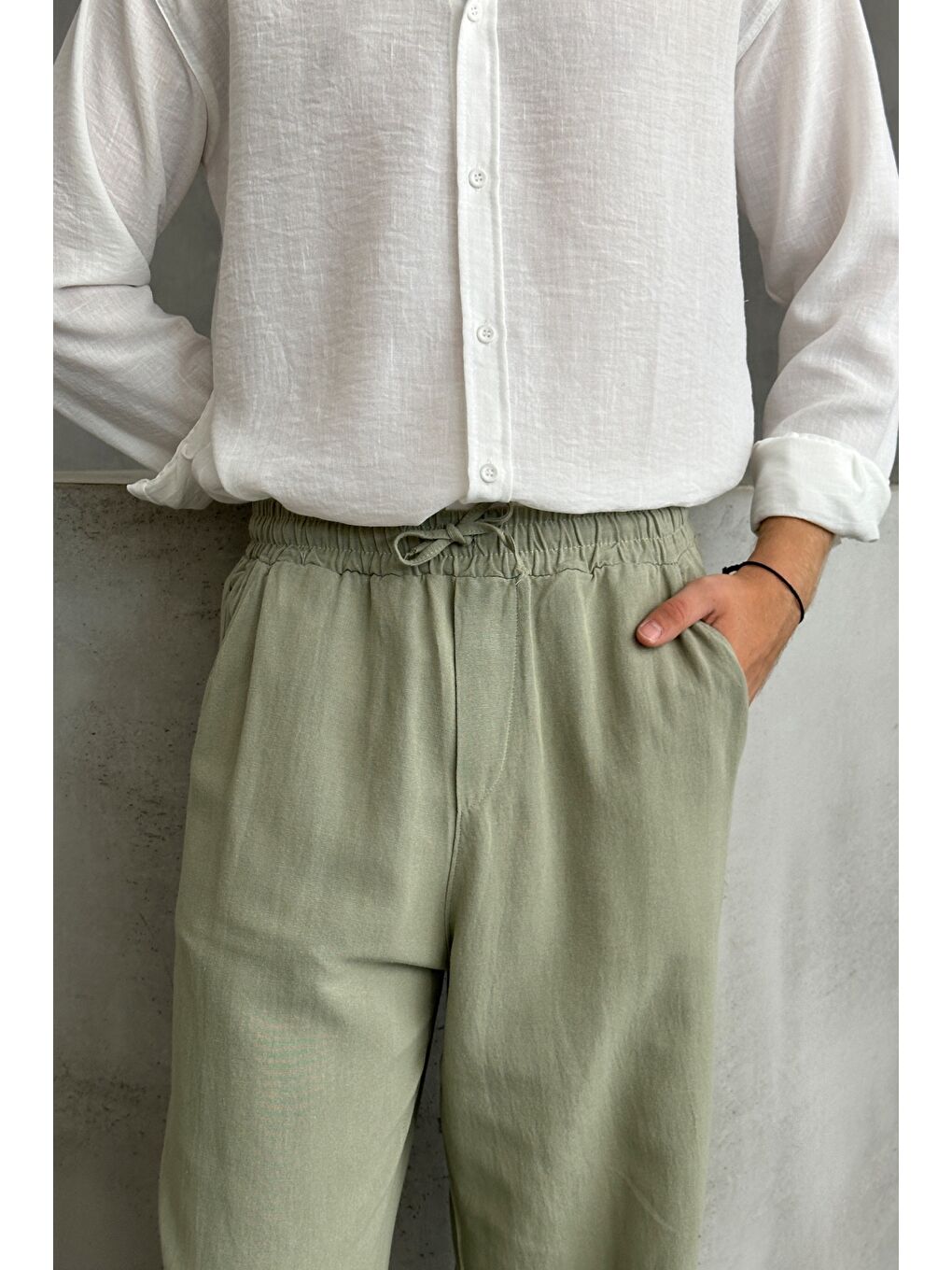 Haki Erkek Beli Lastikli Baggy Kalıp Keten Pantolon-1