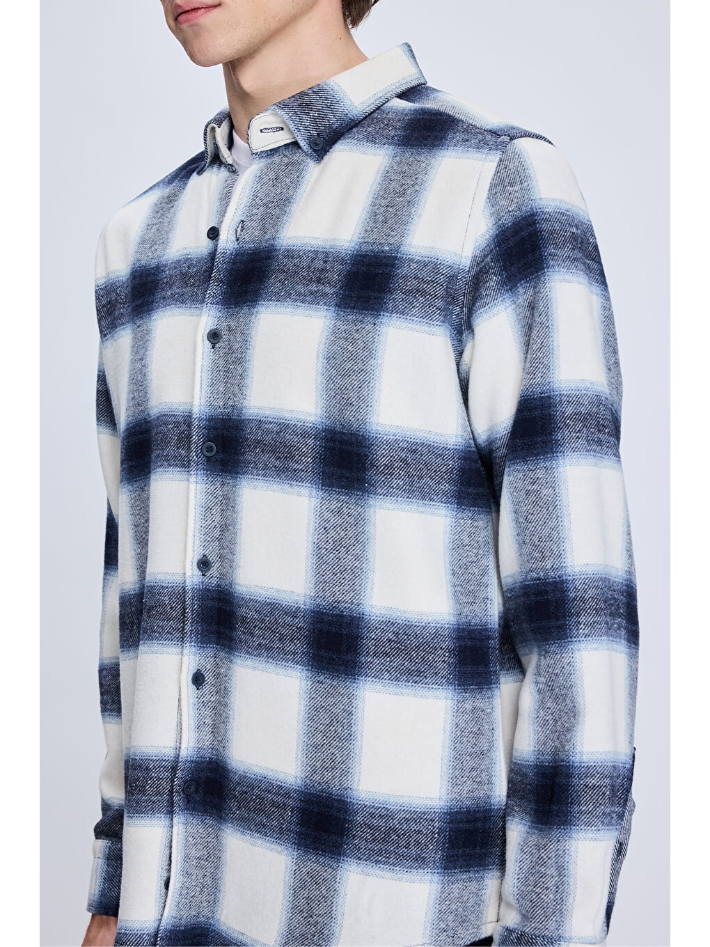 Lacivert Slim Fit Kareli Düğmeli Yaka Uzun Kollu Pamuklu Gömlek-3