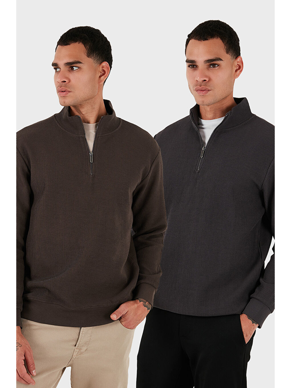 Antrasit Pamuklu Regular Fit Yarım Fermuarlı Dik Yaka 2'li Paket Sweat 5905716S2