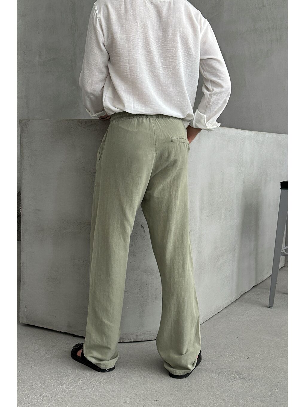 Haki Erkek Beli Lastikli Baggy Kalıp Keten Pantolon-2