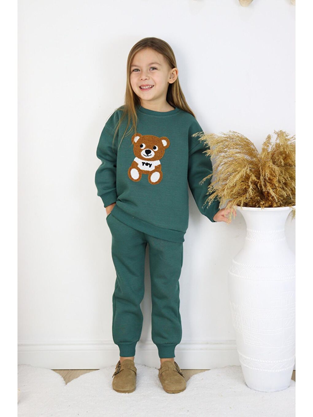 Harika KIDS Yeşil Kız-Erkek (Unisex) Çocuk İnterlok Kumaş Orta Kalınlıkta Nakışlı-Baskılı Örme Basic Eşofman Takımı