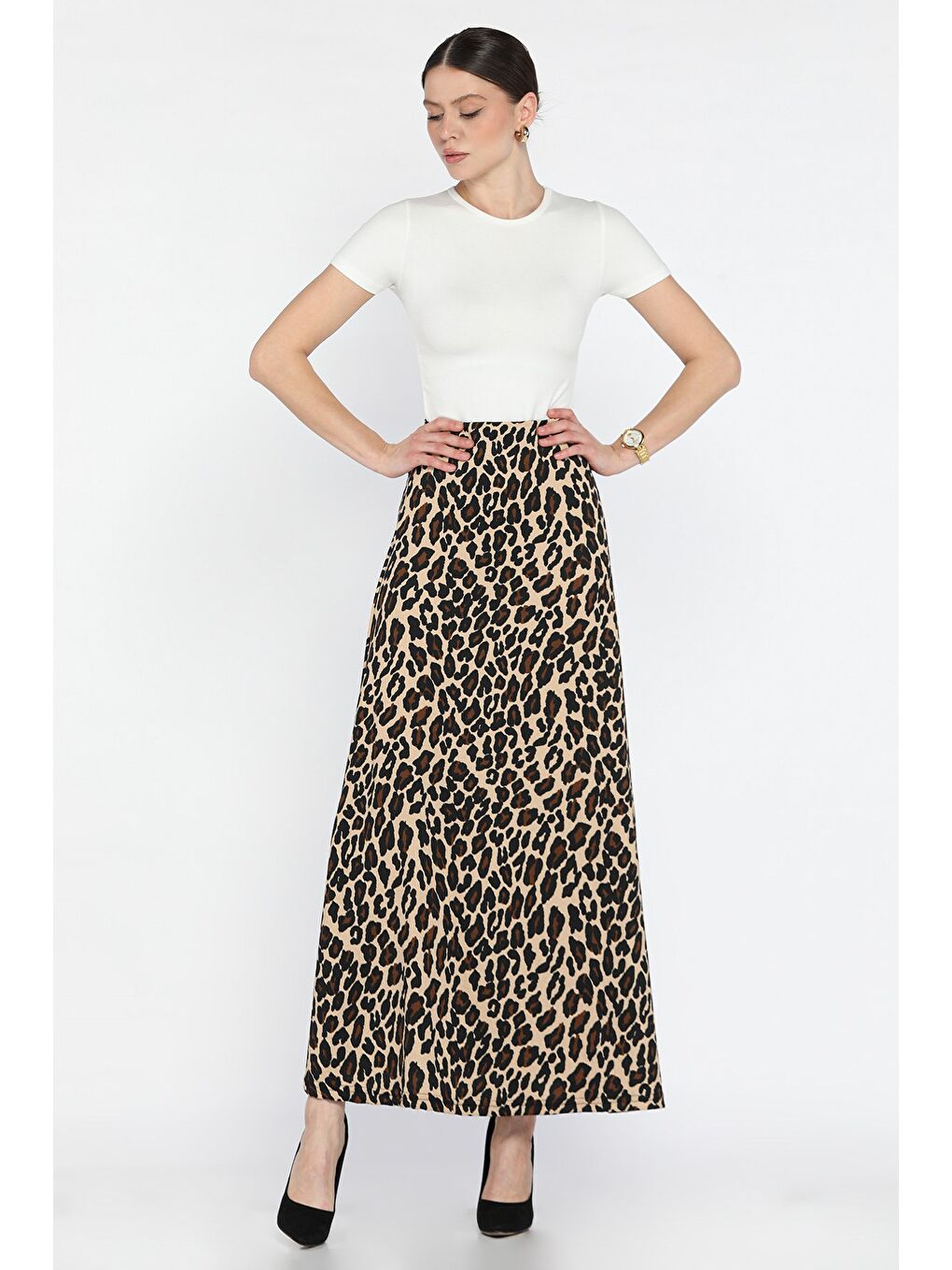 Bej Kadın Bel Lastikli Leopar Desenli Bürümcük Kiloş Etek