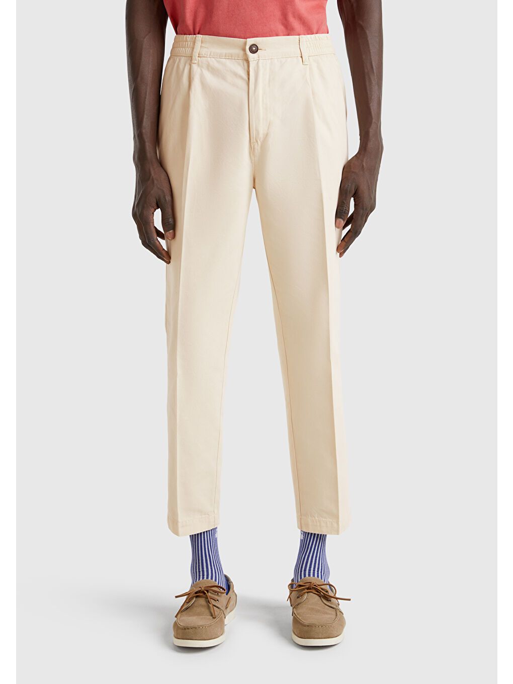 Bej Erkek Taş Rengi %100 Pamuk Düğmeli Beli Lastikli Havuç Kesim Chino Pantolon