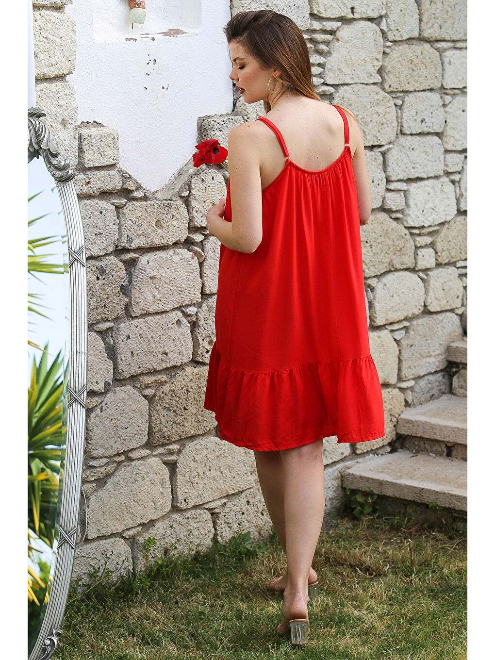 Kırmızı Narçiçeği Eteği Fırfırlı Ayarlanabilir Askılı Casual Viskon Dokuma Elbise 105 66-5