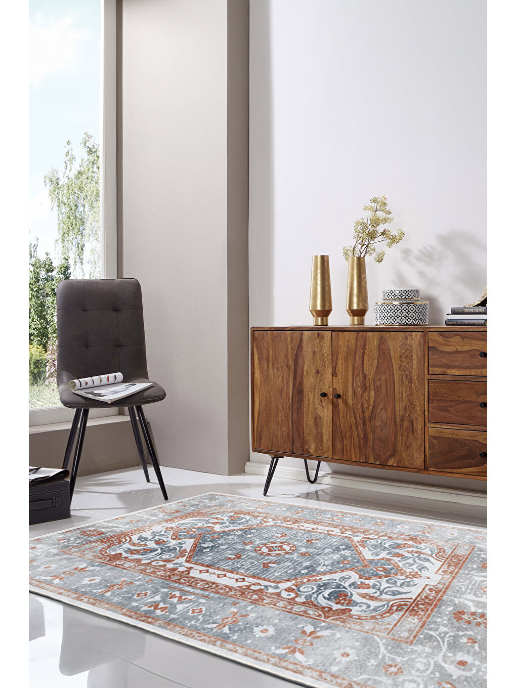 Gri Dekoratif Özel Tasarım Yıkanabilir İnce Kaymaz Tabanlı Modern Halı KECE FR12-2