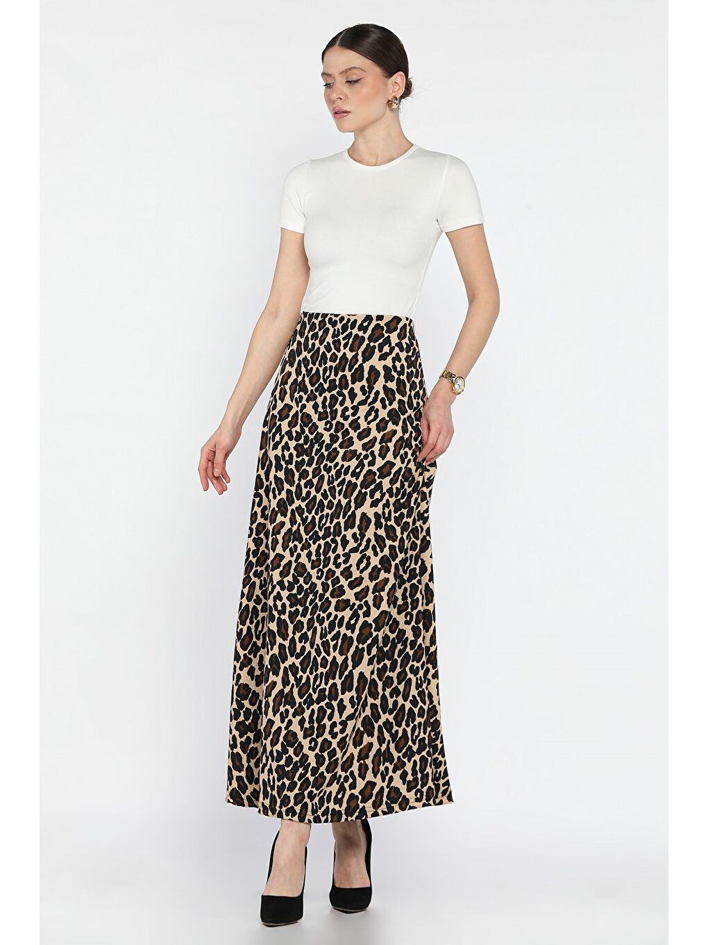 Bej Kadın Bel Lastikli Leopar Desenli Bürümcük Kiloş Etek-1