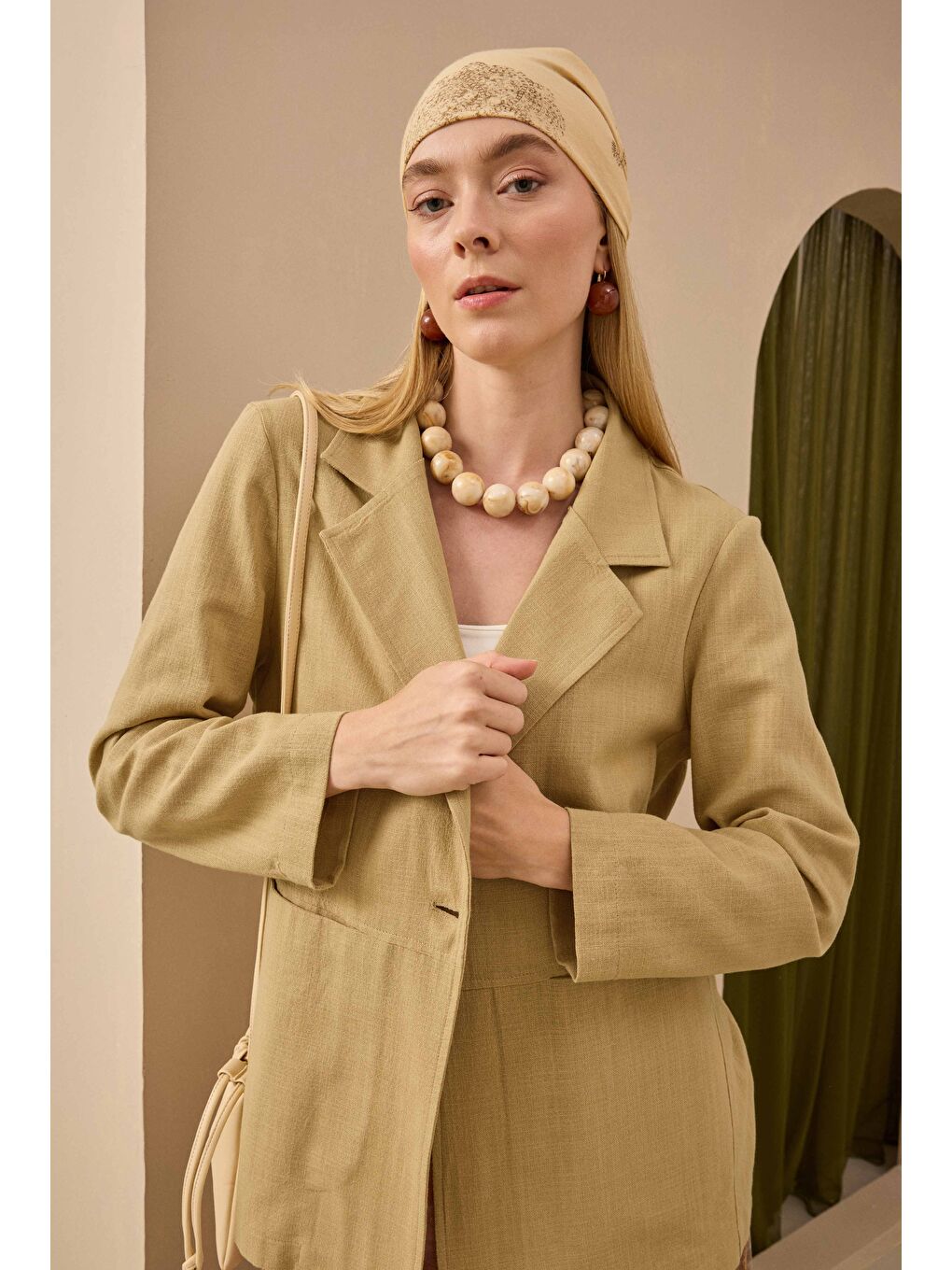 Kahverengi Keten Blazer Ceket Açık Camel