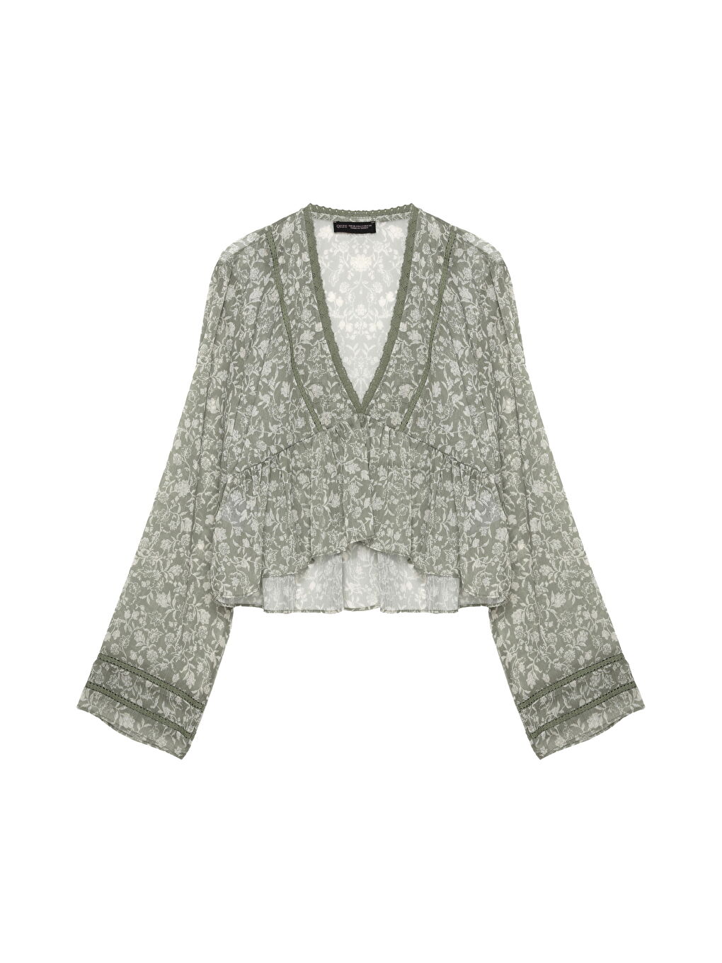 Turkuaz V Yaka Çiçek Desenli Fırfırlı Bluz Mint