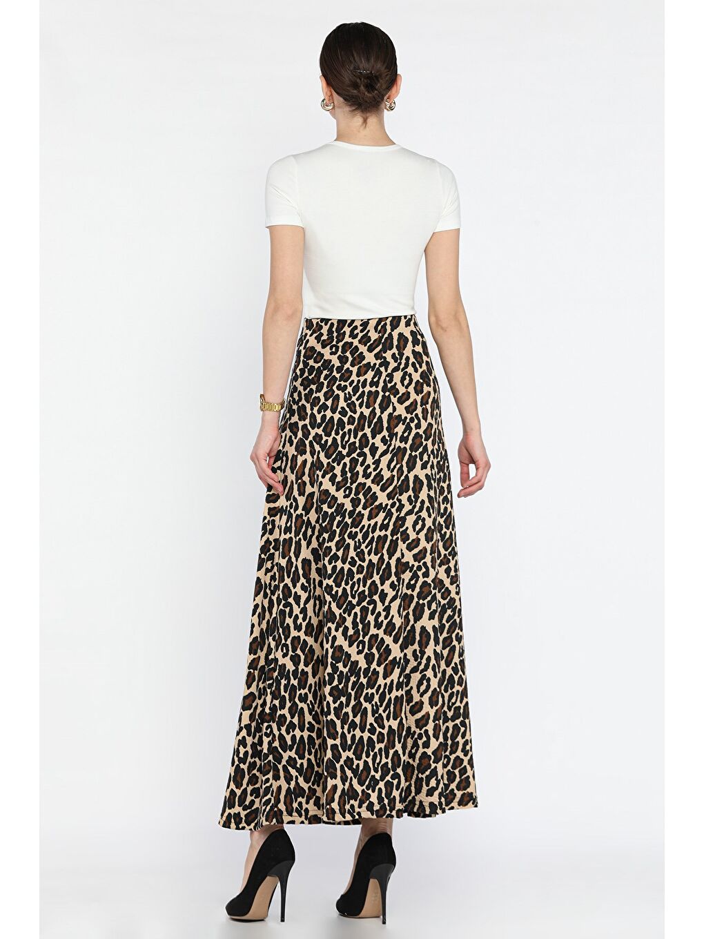 Bej Kadın Bel Lastikli Leopar Desenli Bürümcük Kiloş Etek-2