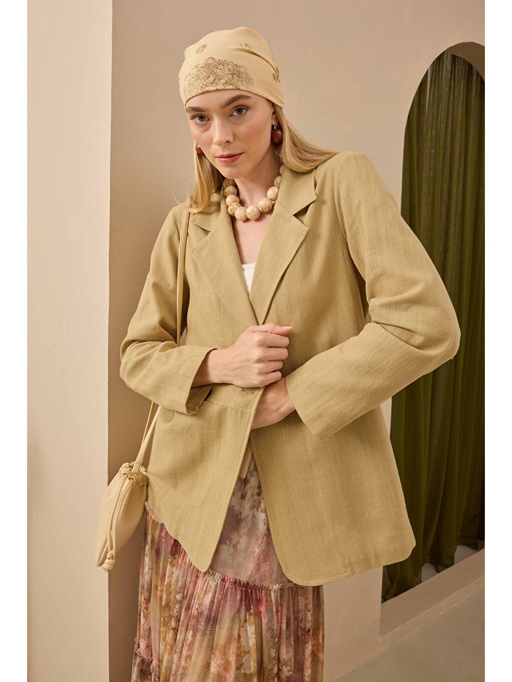 Kahverengi Keten Blazer Ceket Açık Camel-1