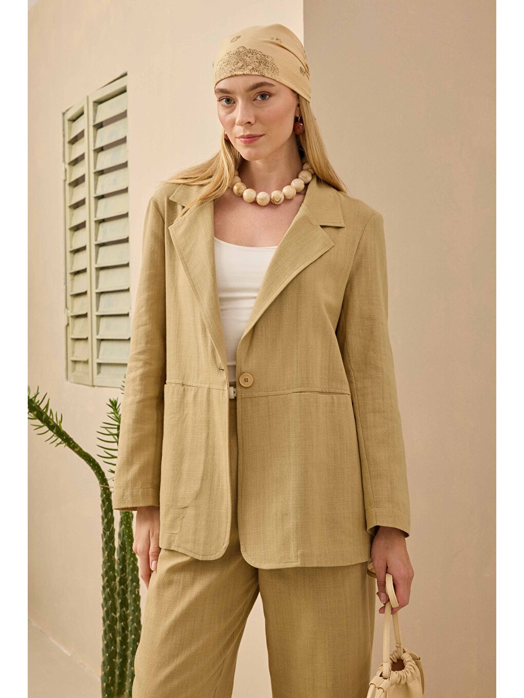 Kahverengi Keten Blazer Ceket Açık Camel-2