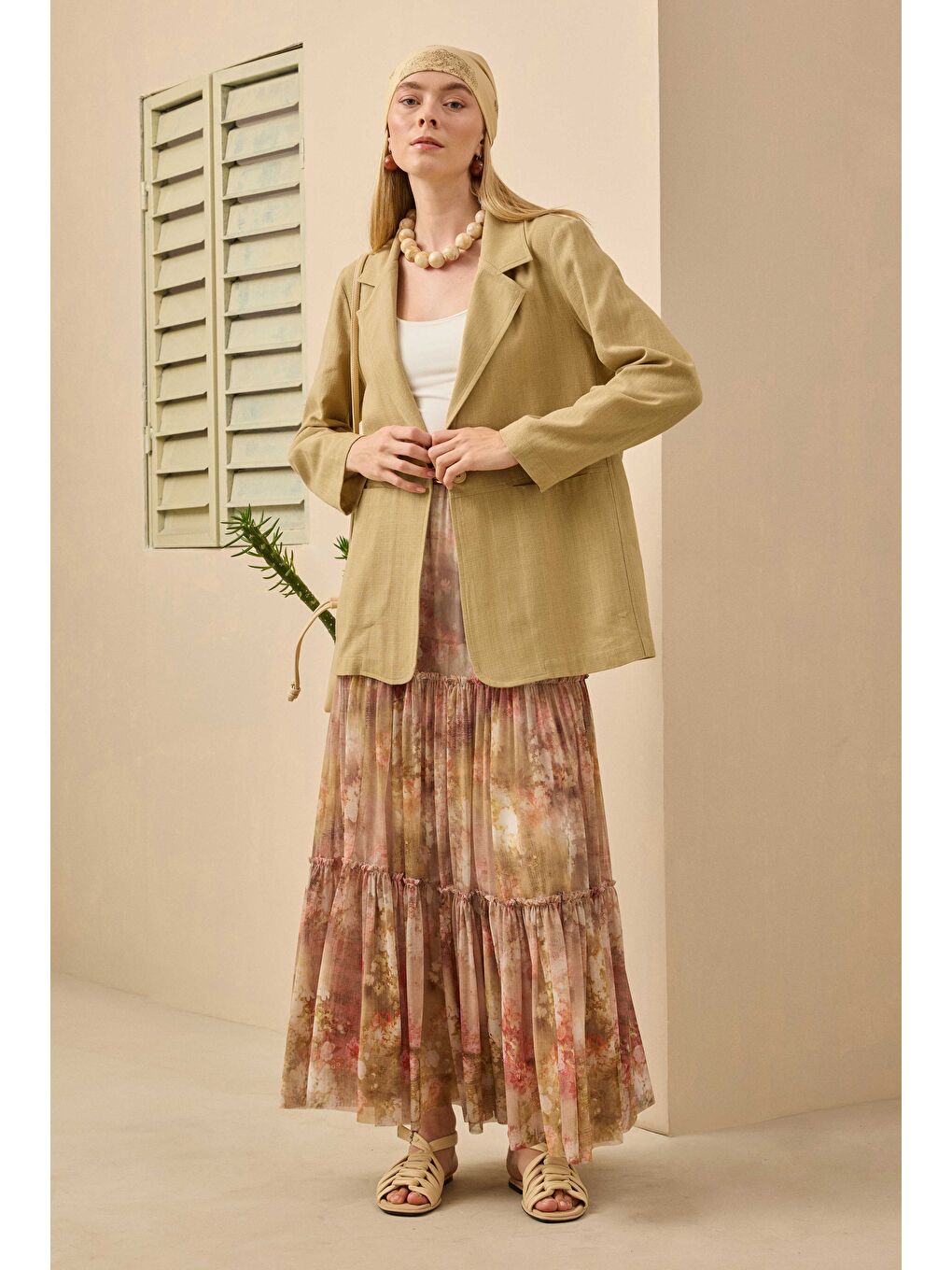 Kahverengi Keten Blazer Ceket Açık Camel-3