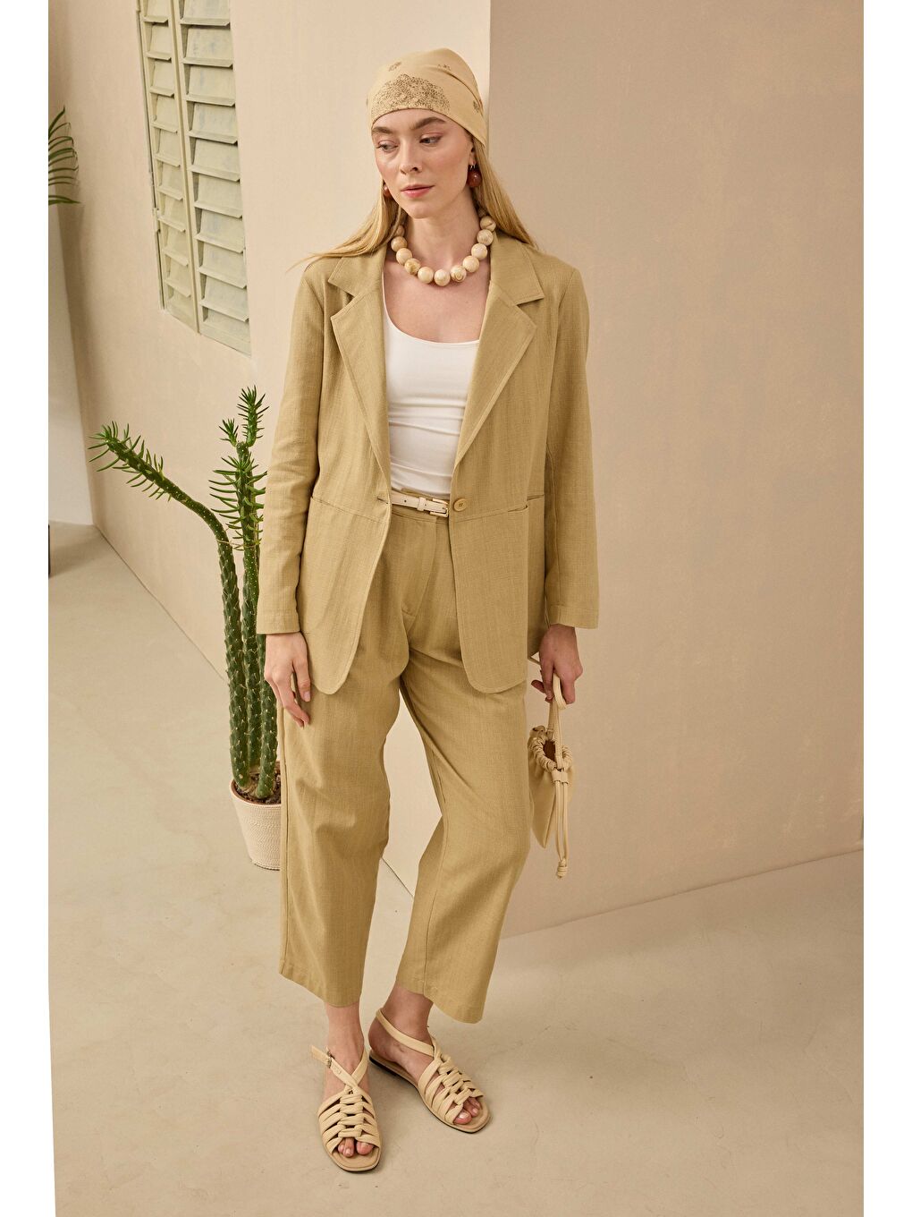 Kahverengi Keten Blazer Ceket Açık Camel-4