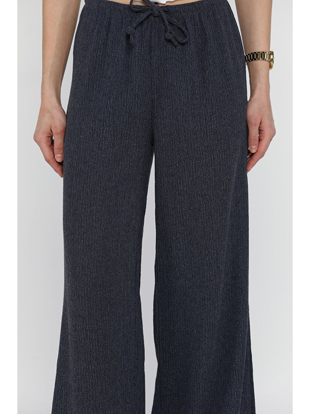 Lacivert Kadın Bel Bağlamalı Elastanlı Kumaş Pantolon-3