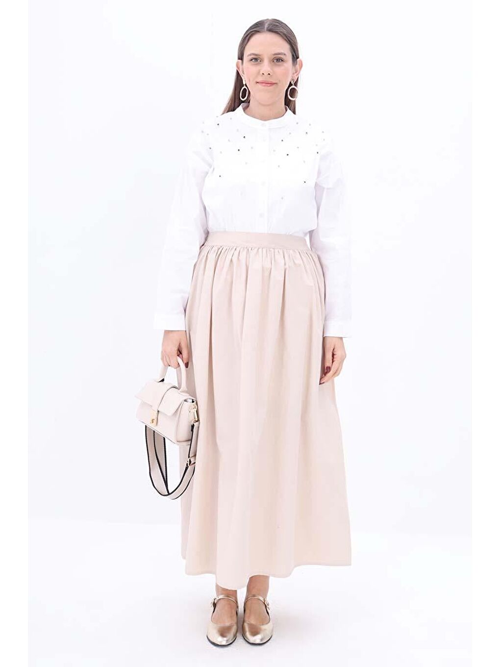 Ekru-Pamuklu Rahat Kalıp Etek-1