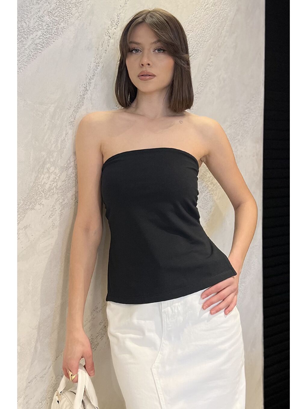 Siyah Kadın Yanlar Yırtmaç Detaylı Straplez Bluz-1