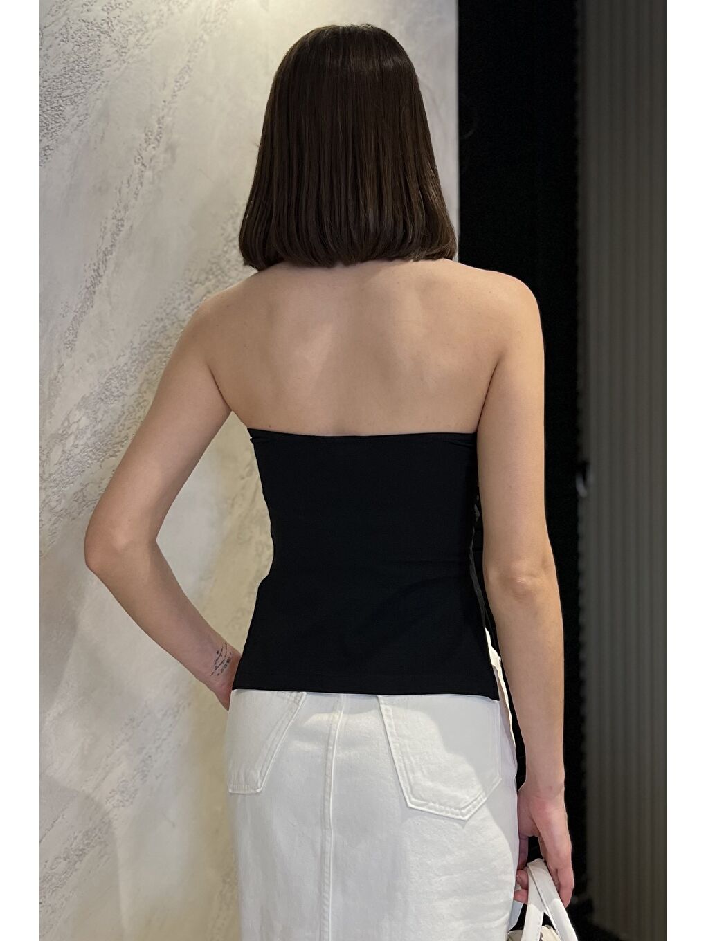 Siyah Kadın Yanlar Yırtmaç Detaylı Straplez Bluz-2