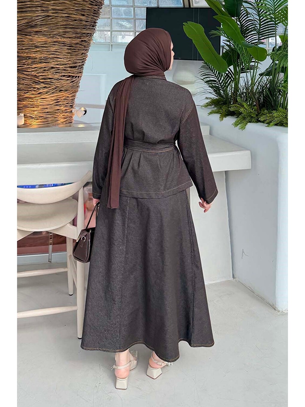 Bağlamalı Denim Takım Kahverengi-3