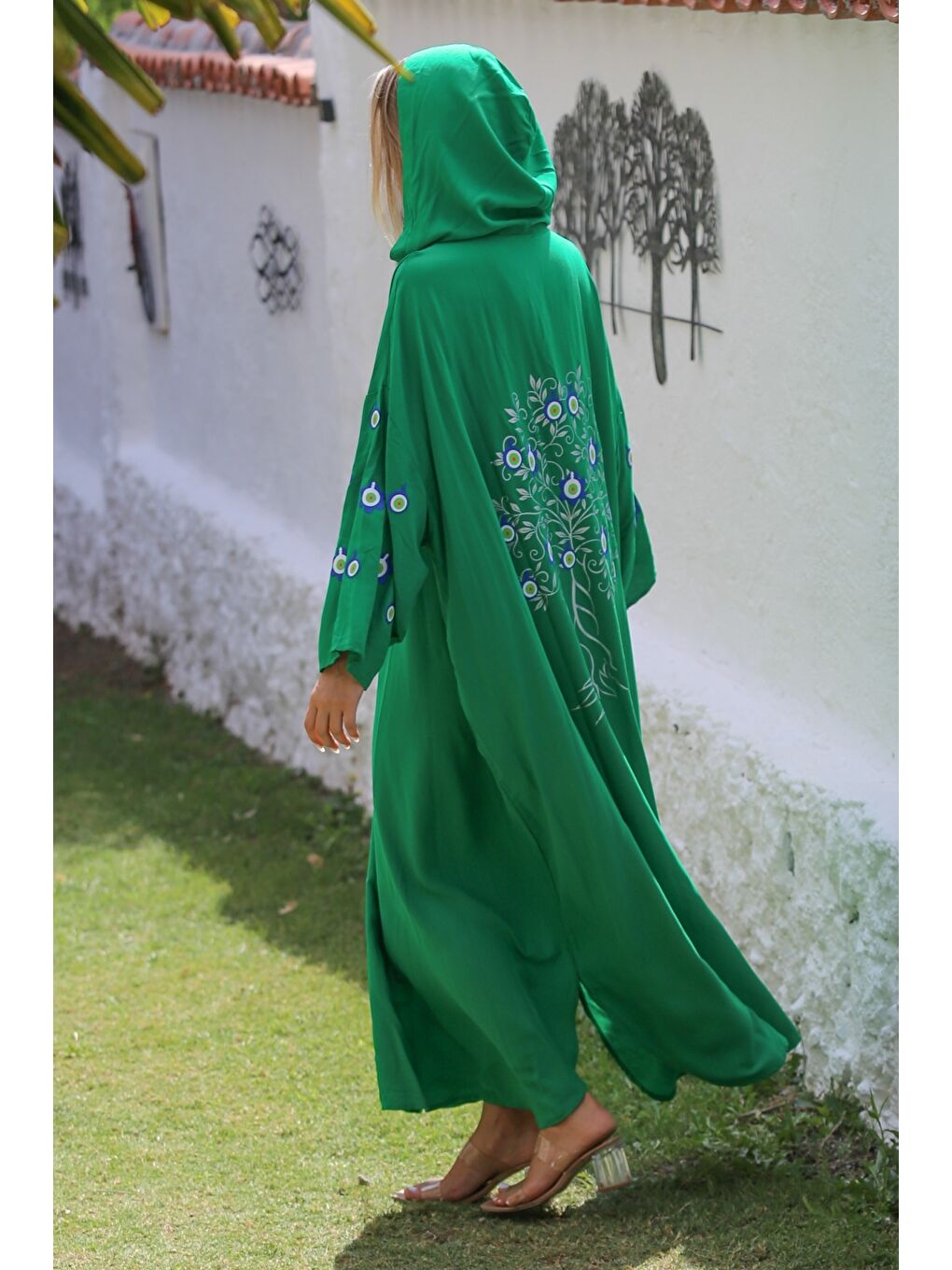Yeşil Kapüşonlu Uzun Kol Fermuarlı Baskılı Long Fit Dokuma Oversize Casual Elbise-5
