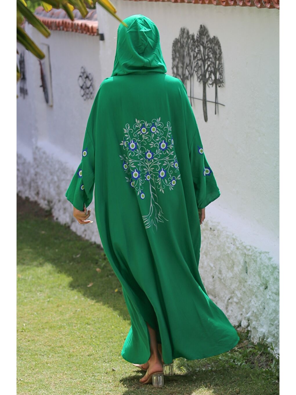 Yeşil Kapüşonlu Uzun Kol Fermuarlı Baskılı Long Fit Dokuma Oversize Casual Elbise-6