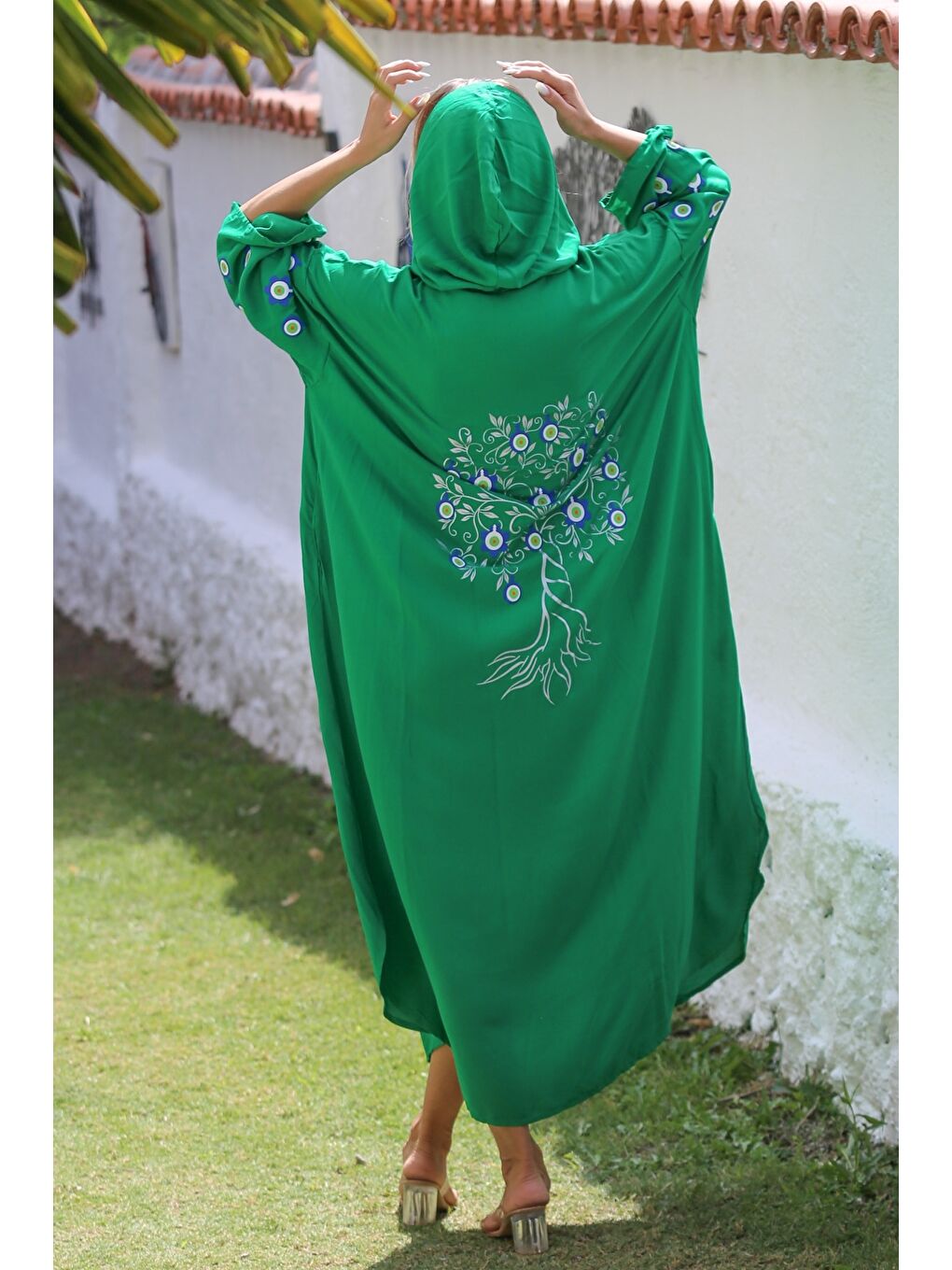 Yeşil Kapüşonlu Uzun Kol Fermuarlı Baskılı Long Fit Dokuma Oversize Casual Elbise-7