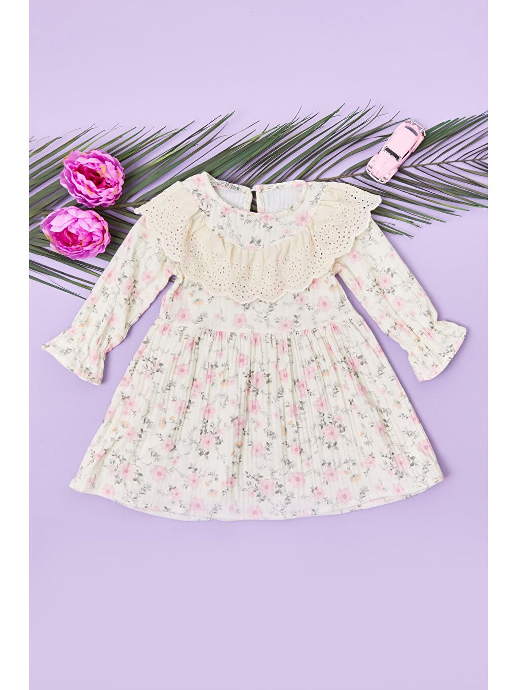 Pembe %100 Pamuk Çiçekli Dantelli Kız Çocuk Elbise