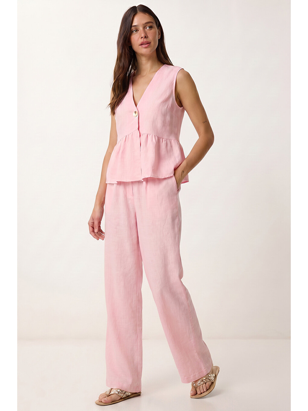 Pembe Keten Bluz Pantolon Takım ŞEKER PEMBE LAZ0009