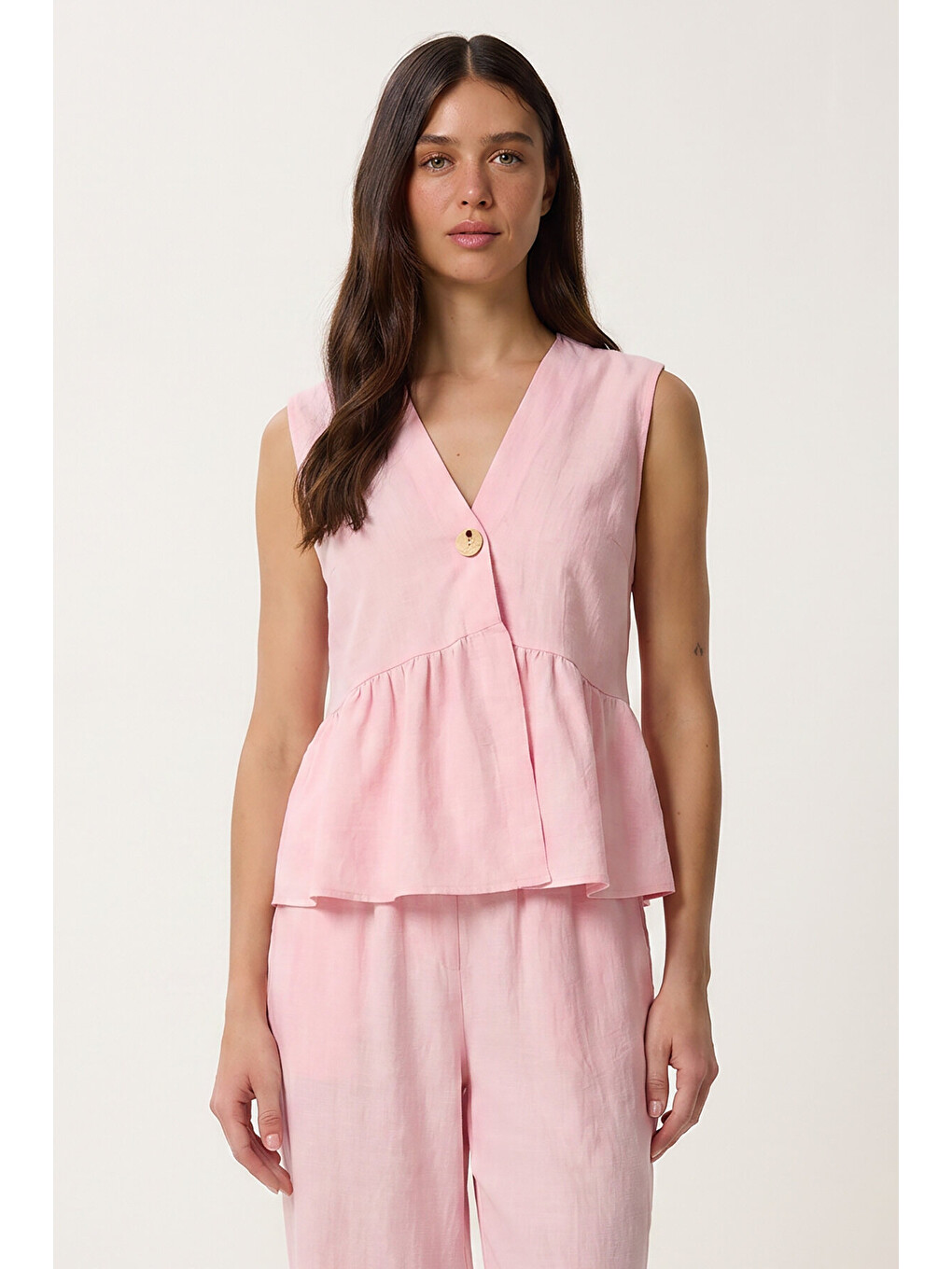 Pembe Keten Bluz Pantolon Takım ŞEKER PEMBE LAZ0009-1