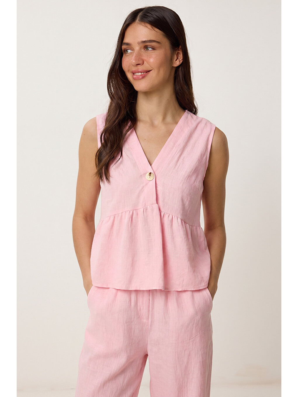 Pembe Keten Bluz Pantolon Takım ŞEKER PEMBE LAZ0009-2
