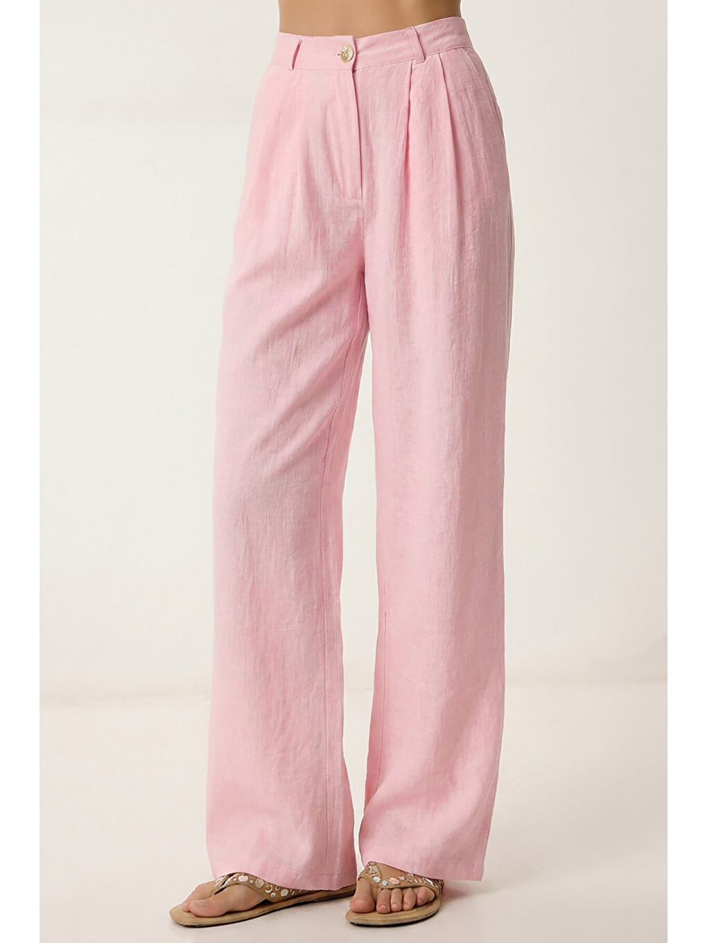 Pembe Keten Bluz Pantolon Takım ŞEKER PEMBE LAZ0009-3