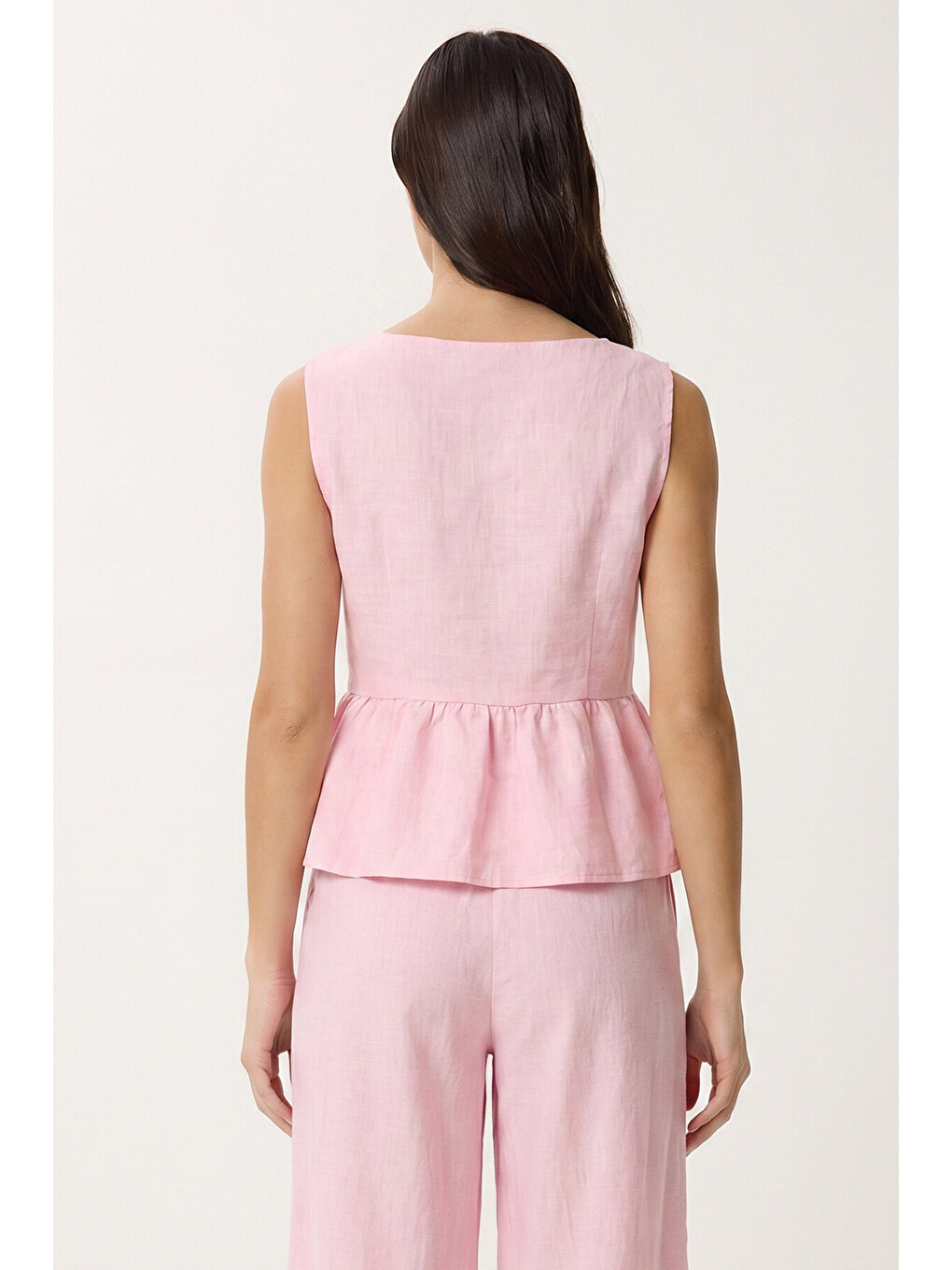 Pembe Keten Bluz Pantolon Takım ŞEKER PEMBE LAZ0009-4