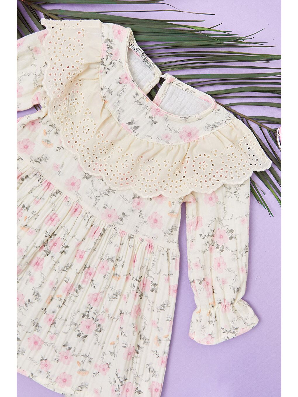 Pembe %100 Pamuk Çiçekli Dantelli Kız Çocuk Elbise-1