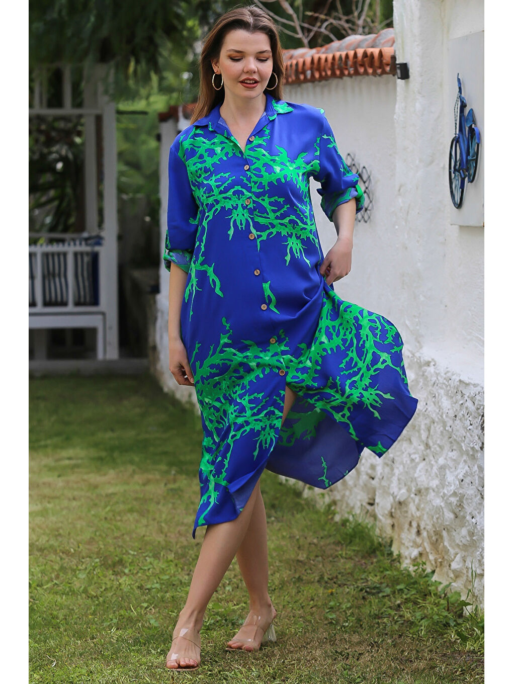 Koyu Mavi Gömlek Yaka Düğmeli Uzun Kollu Gizli Cepli Yırtmaçlı Casual Viskon Dokuma Elbise 125 65