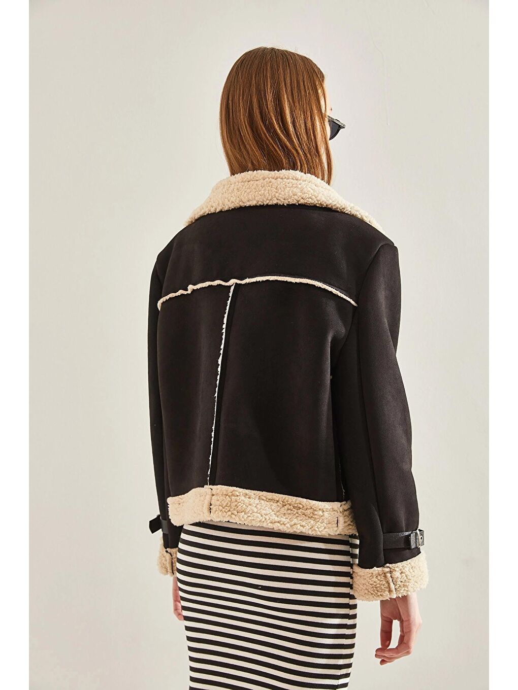 Siyah Kadın Üç Kemerli Süet Lamine Biker Mont 2344 60101007-3