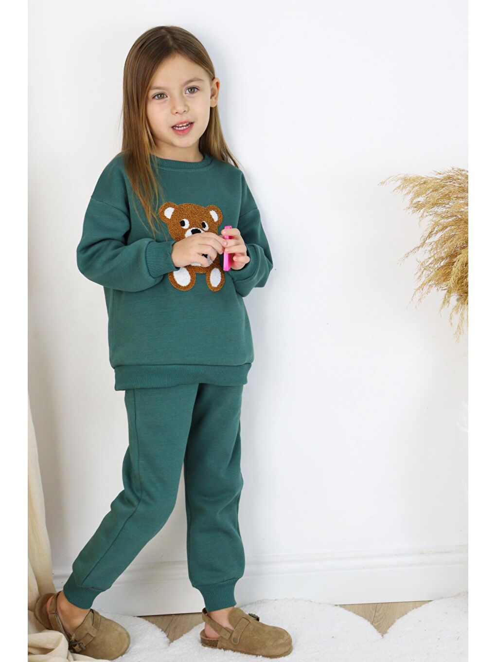 Harika KIDS Yeşil Kız-Erkek (Unisex) Çocuk İnterlok Kumaş Orta Kalınlıkta Nakışlı-Baskılı Örme Basic Eşofman Takımı - 7