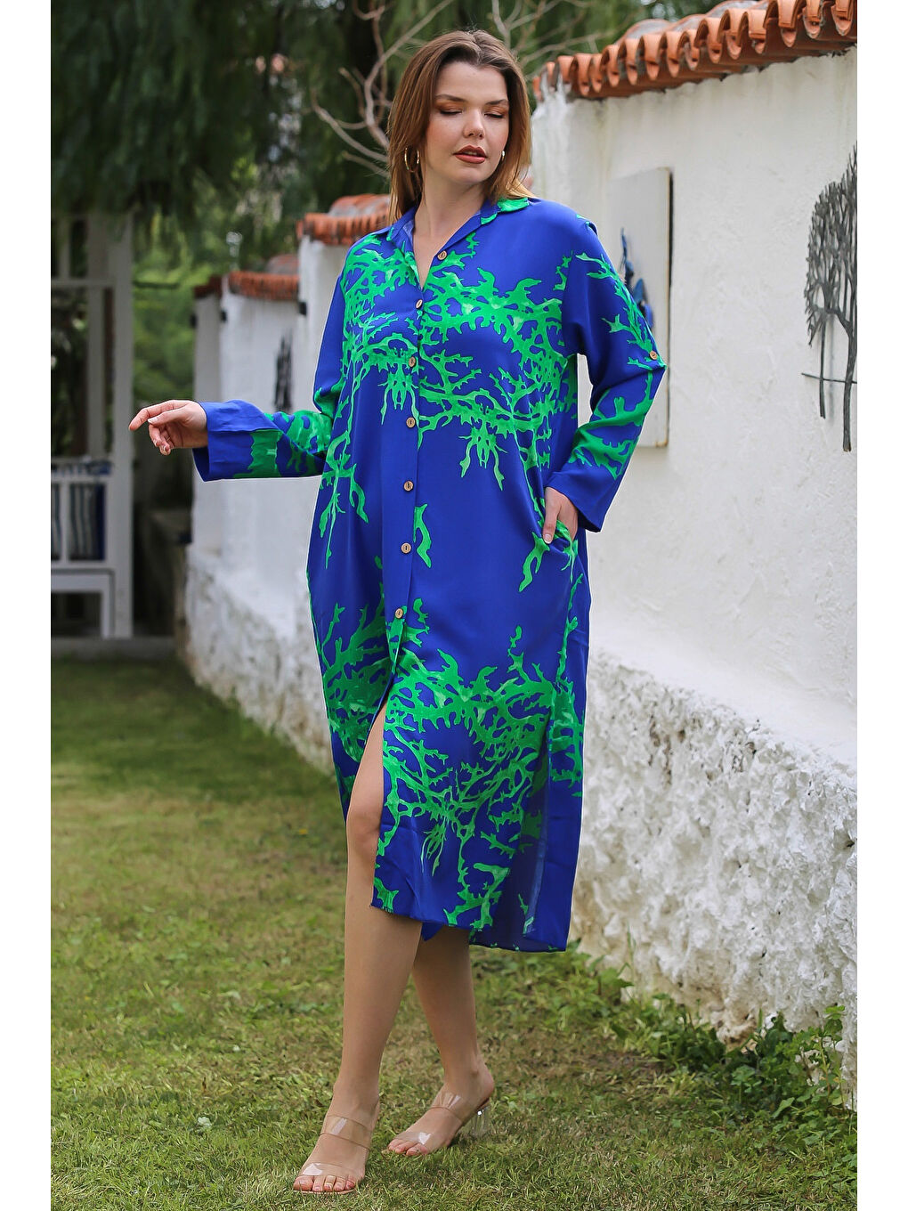 Koyu Mavi Gömlek Yaka Düğmeli Uzun Kollu Gizli Cepli Yırtmaçlı Casual Viskon Dokuma Elbise 125 65-1