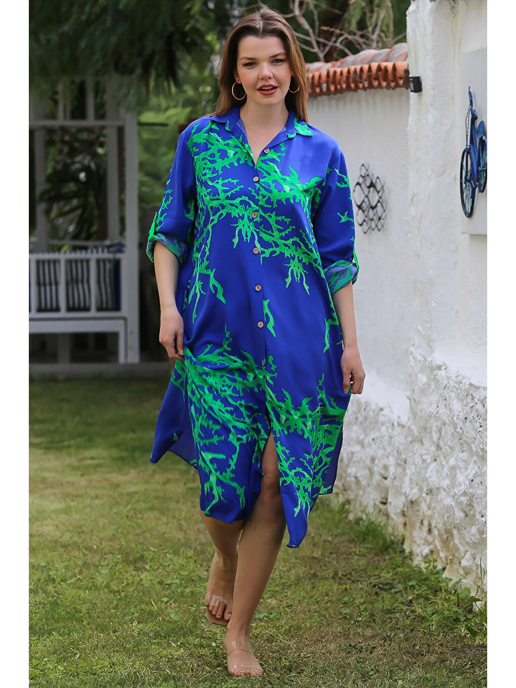 Koyu Mavi Gömlek Yaka Düğmeli Uzun Kollu Gizli Cepli Yırtmaçlı Casual Viskon Dokuma Elbise 125 65-2