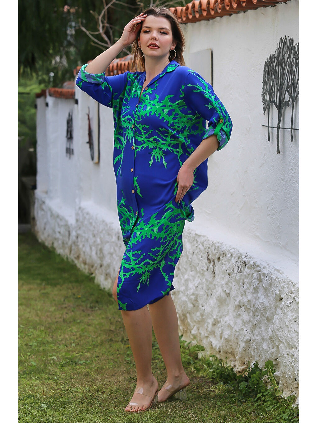 Koyu Mavi Gömlek Yaka Düğmeli Uzun Kollu Gizli Cepli Yırtmaçlı Casual Viskon Dokuma Elbise 125 65-3