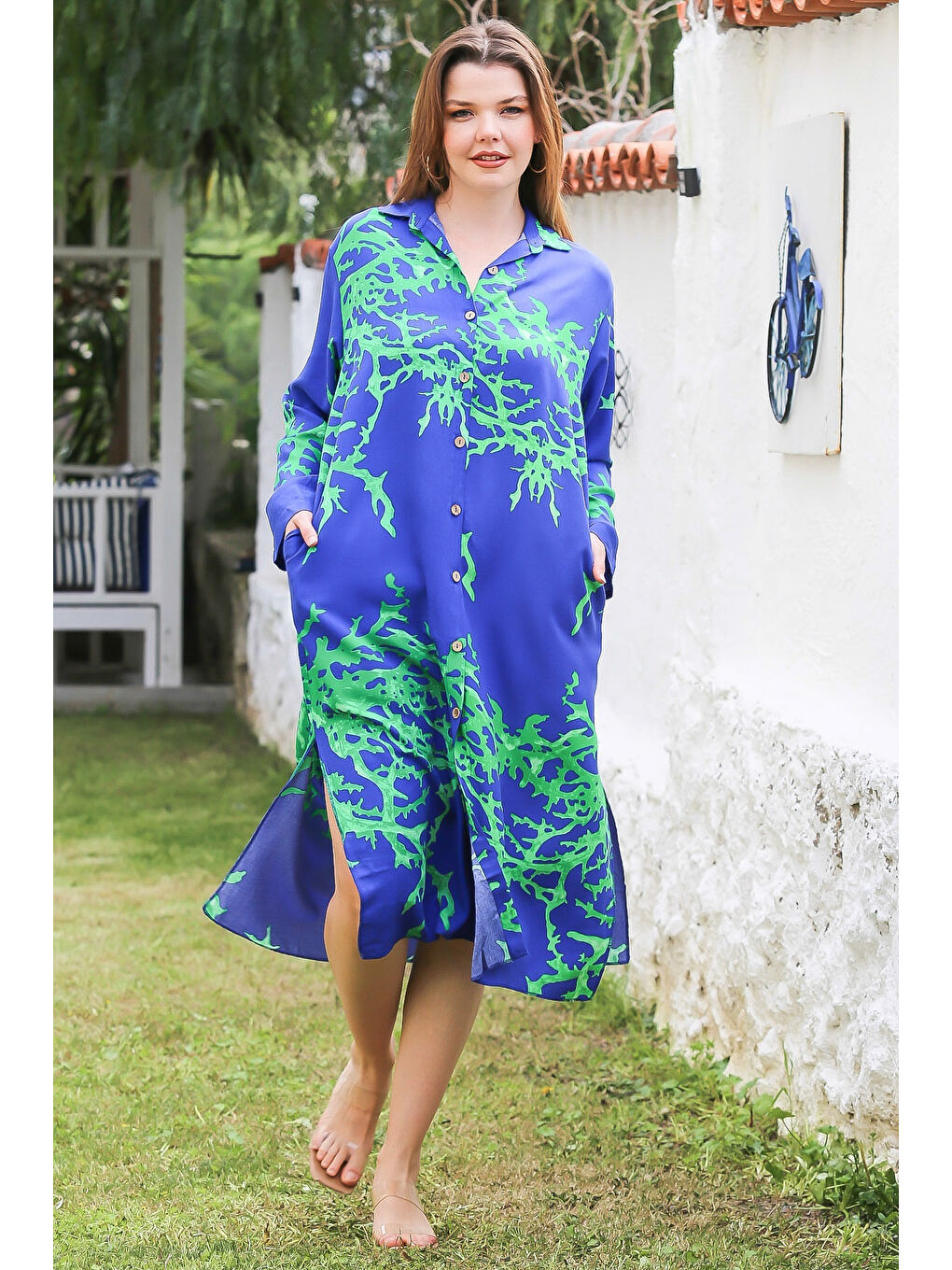 Koyu Mavi Gömlek Yaka Düğmeli Uzun Kollu Gizli Cepli Yırtmaçlı Casual Viskon Dokuma Elbise 125 65-4