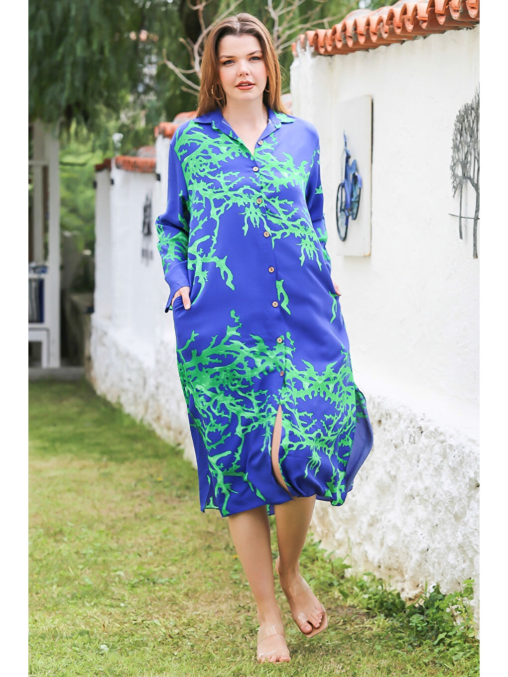 Koyu Mavi Gömlek Yaka Düğmeli Uzun Kollu Gizli Cepli Yırtmaçlı Casual Viskon Dokuma Elbise 125 65-5