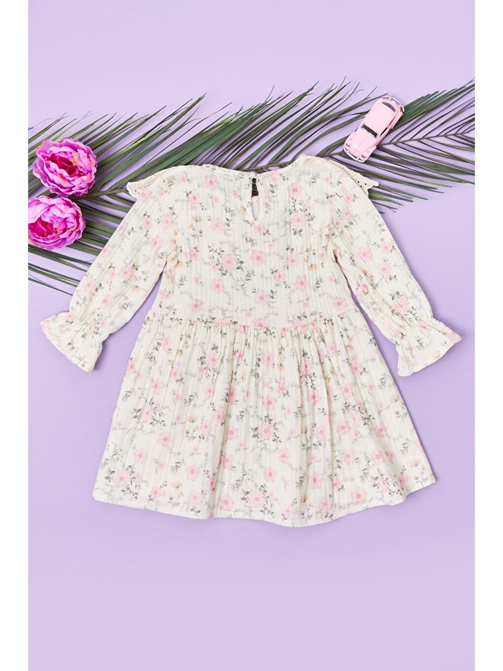Pembe %100 Pamuk Çiçekli Dantelli Kız Çocuk Elbise-2