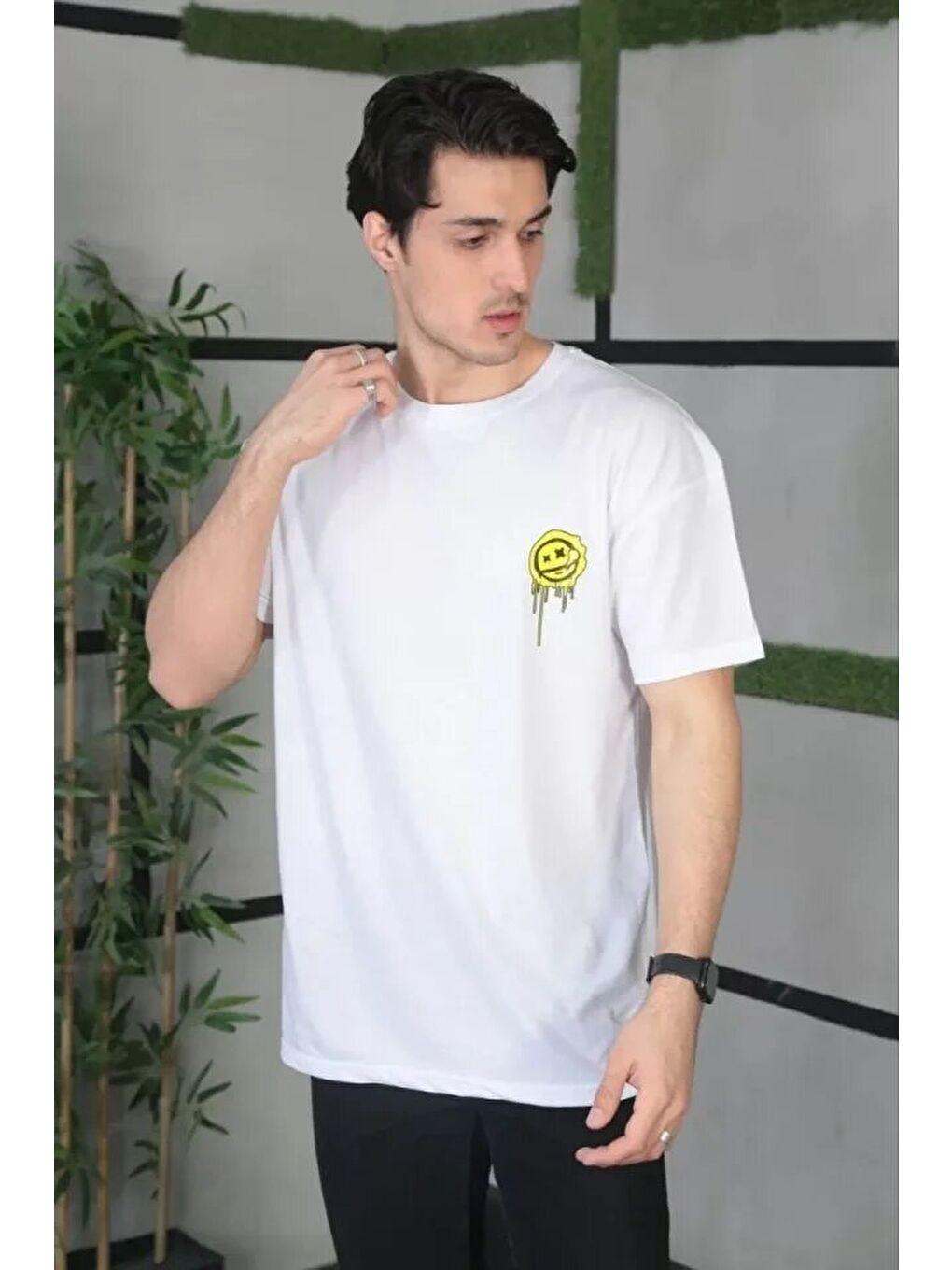 Unisex Bisiklet Yaka Baskılı Oversize T-Shirt - Beyaz-1