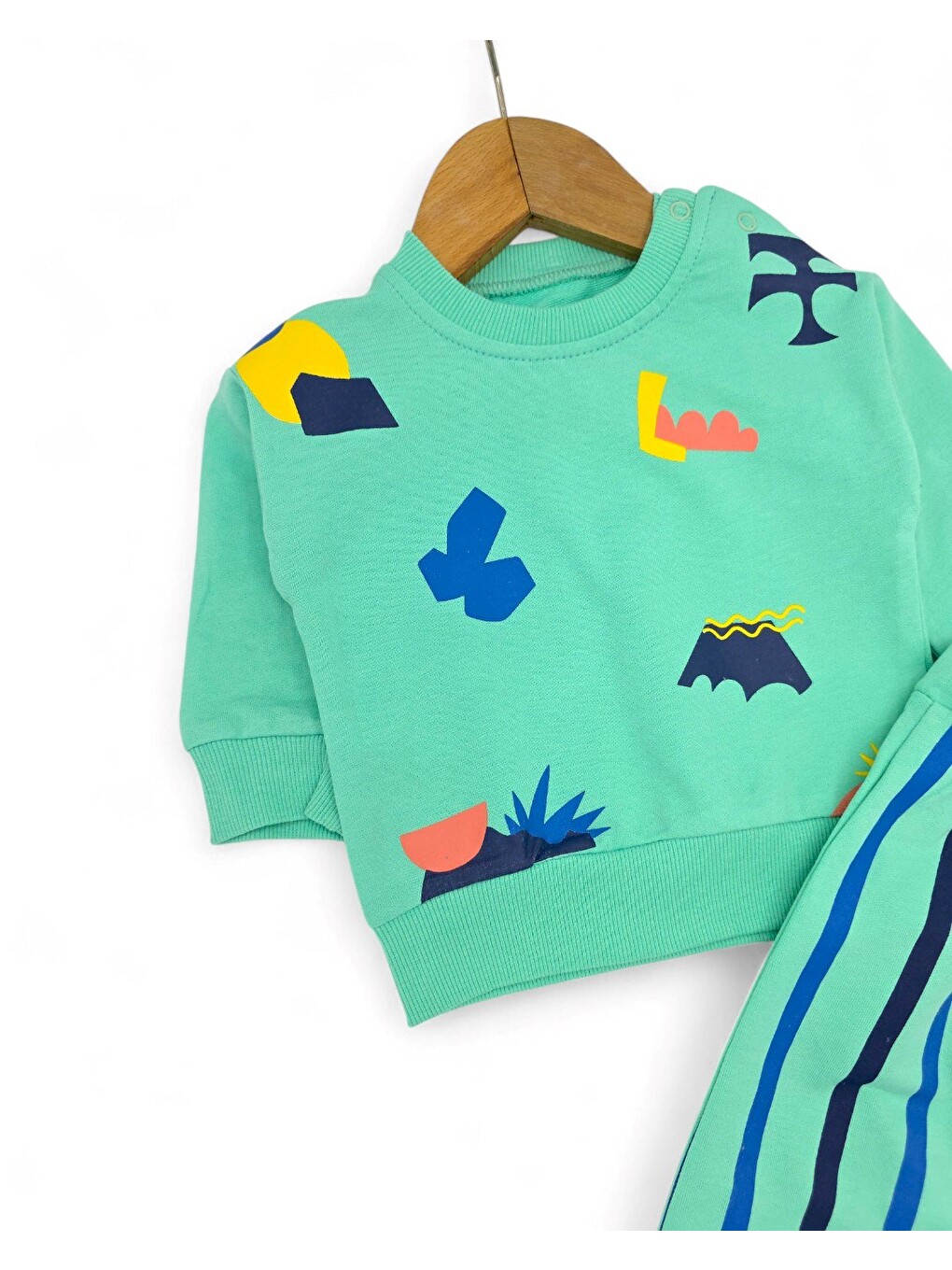 Yeşil Erkek Bebek Mevsimlil Baskılı Sweatshirt, Çizgili Altlı 6-9-12-18-24 Ay 2'li Alt Üst Takım-2