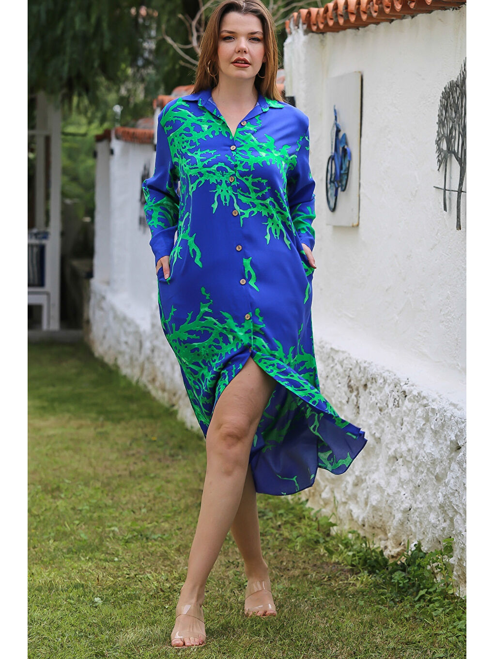 Koyu Mavi Gömlek Yaka Düğmeli Uzun Kollu Gizli Cepli Yırtmaçlı Casual Viskon Dokuma Elbise 125 65-6