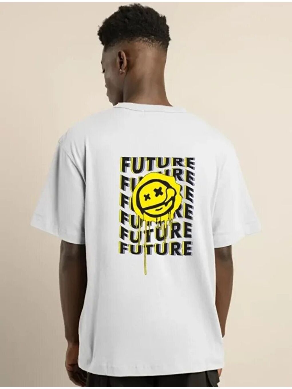 Unisex Bisiklet Yaka Baskılı Oversize T-Shirt - Beyaz-2