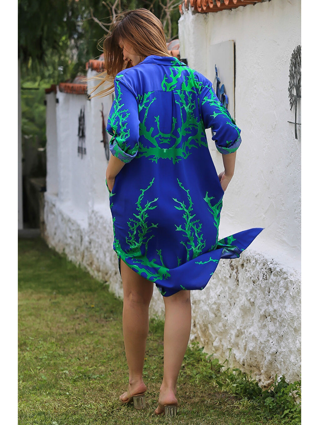 Koyu Mavi Gömlek Yaka Düğmeli Uzun Kollu Gizli Cepli Yırtmaçlı Casual Viskon Dokuma Elbise 125 65-7