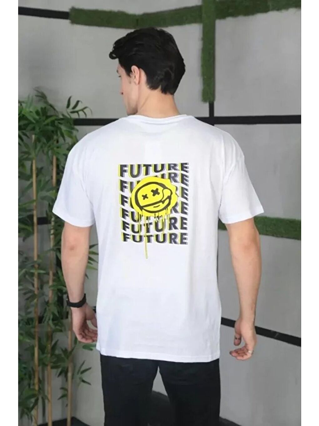 Unisex Bisiklet Yaka Baskılı Oversize T-Shirt - Beyaz-3