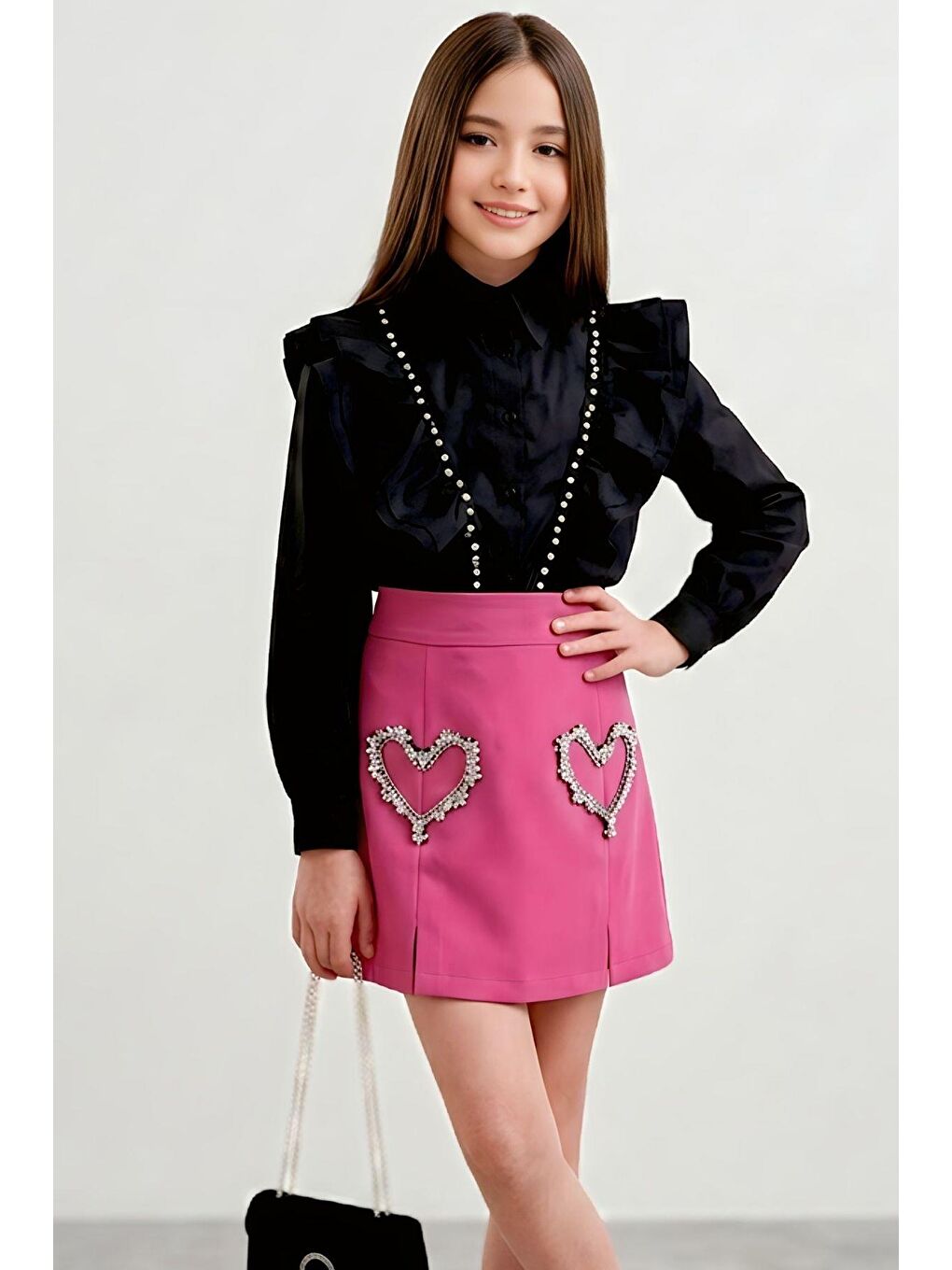 Kız Çocuk Kristal Taşlı Kalp Figürlü Pembe Etekli Takım-1