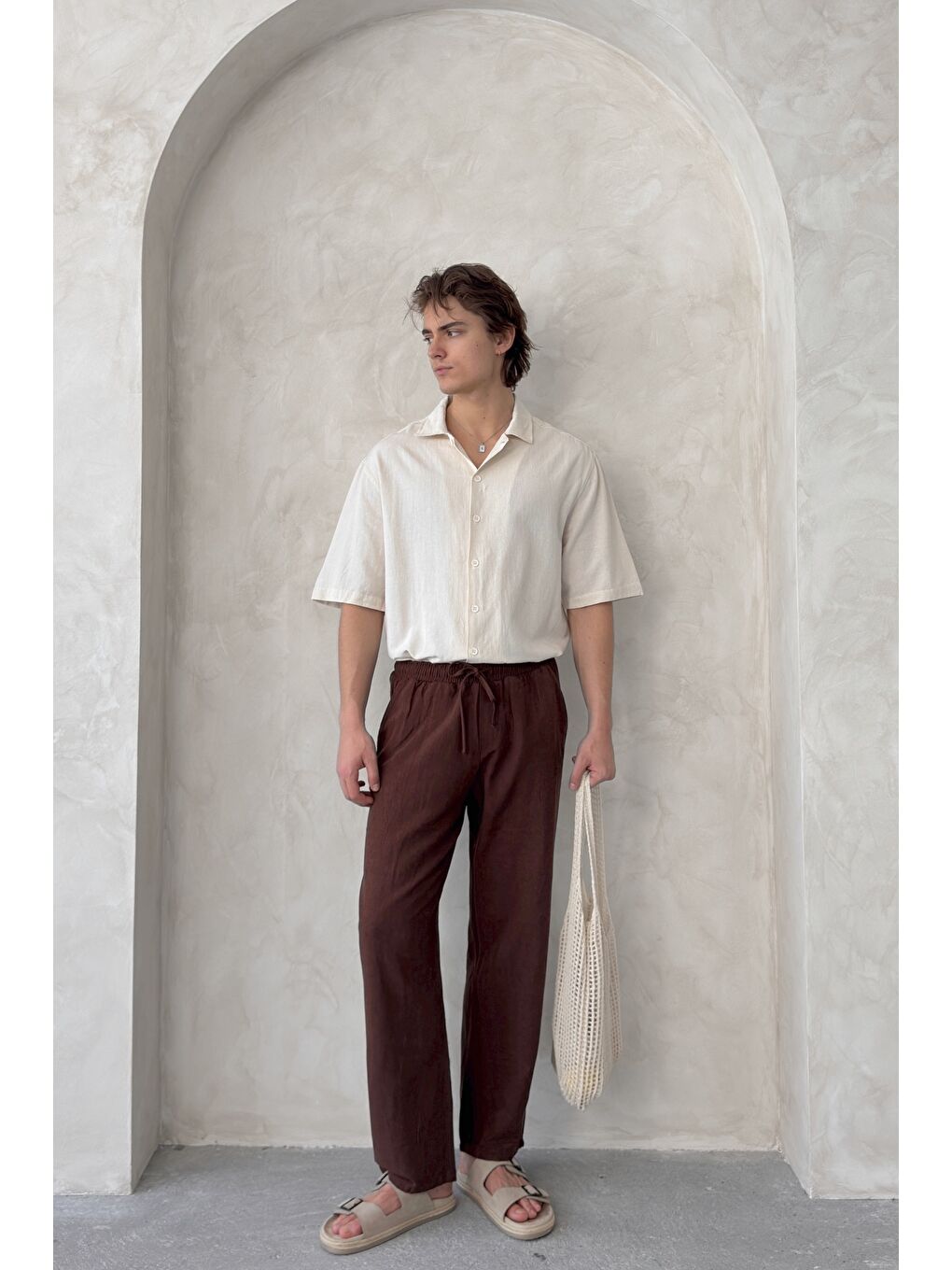 Kahverengi Erkek Beli Lastikli Baggy Kalıp Keten Pantolon-2