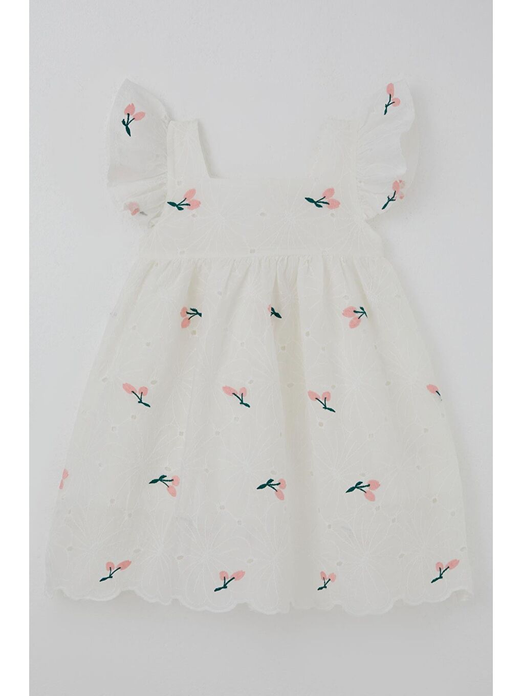 Kız Çocuk Elbise Kiraz Nakışlı Güpür Detaylı Ekru (3-8 Yaş)